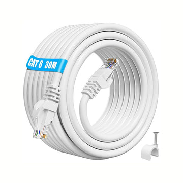 Cat 6 LAN cable showing gold-plated RJ45 connector and PVC jacket