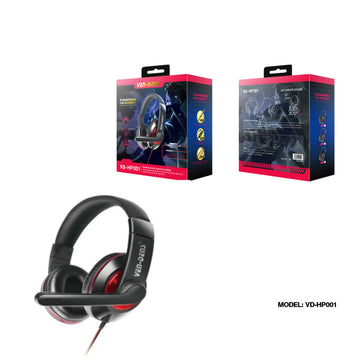 Gaming headset with red accents and its packaging on a white background