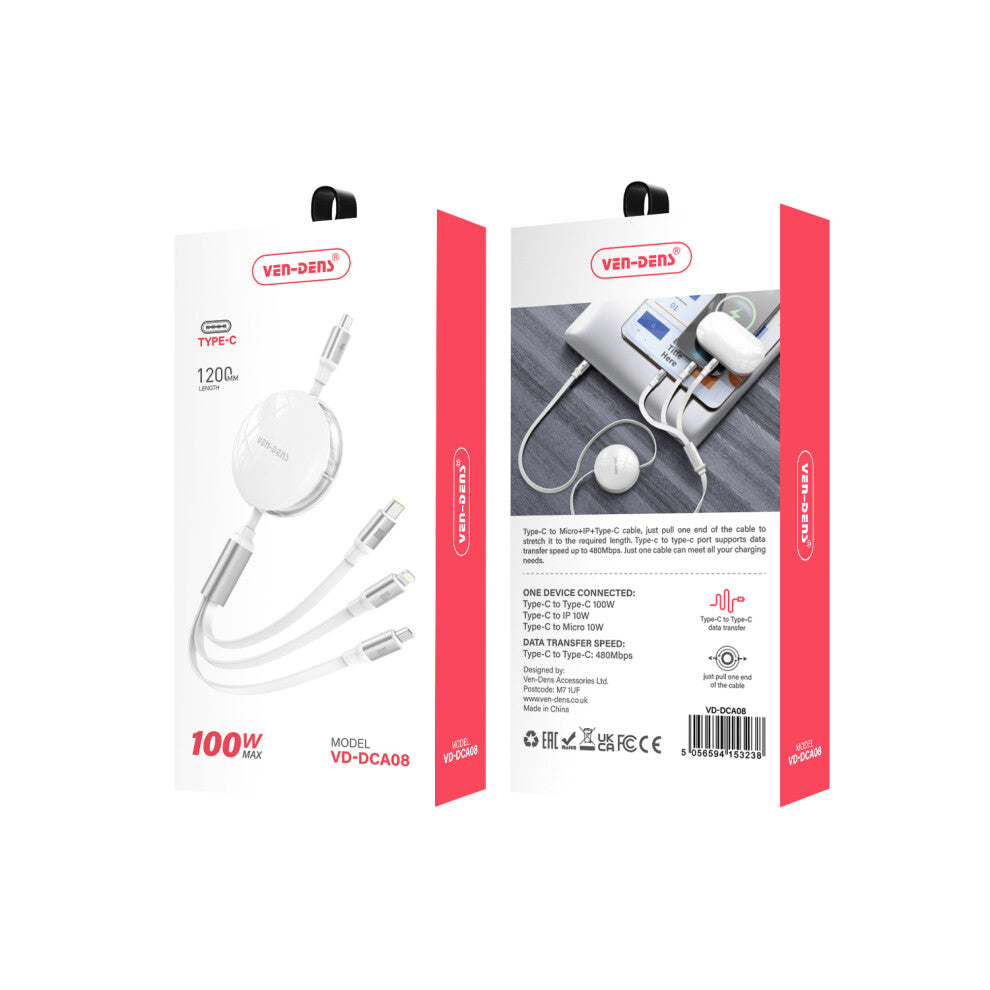 USB C 3 in 1 100W 1.2M Retractable Fast Data Charging Cable VD-DCA08