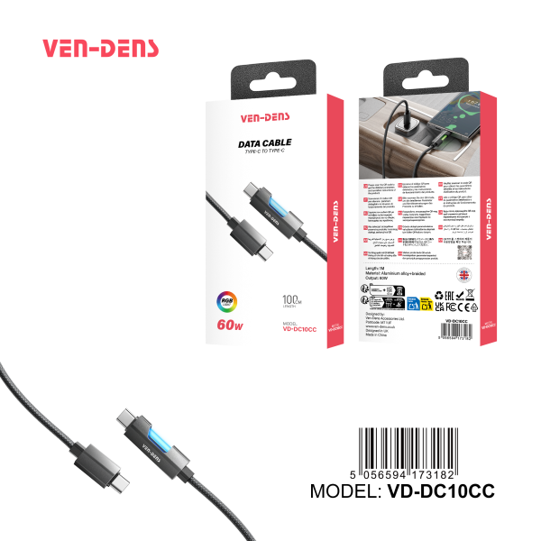USB C to USB C 60W Aluminium Alloy Braided Black RGB Fast Data Charging Cable VD-DC10CC