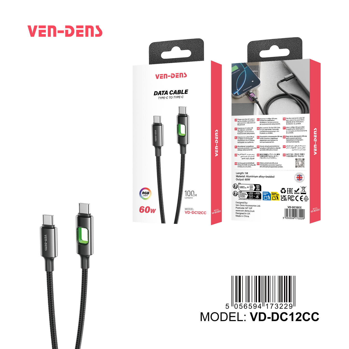 USB C to USB C 60W Aluminium Alloy Braided Black RGB Fast Data Charging Cable VD-DC12CC