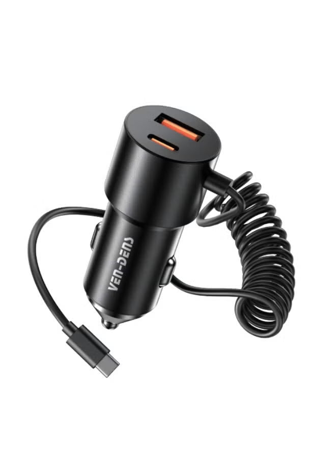 60W Fast Charging Car Charger Dual Port, Built-In Coiled USB-C Cable Black