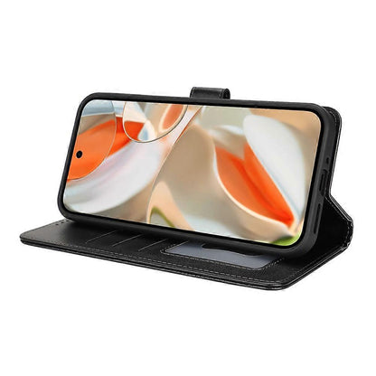 Black phone case with a leather design on a white background