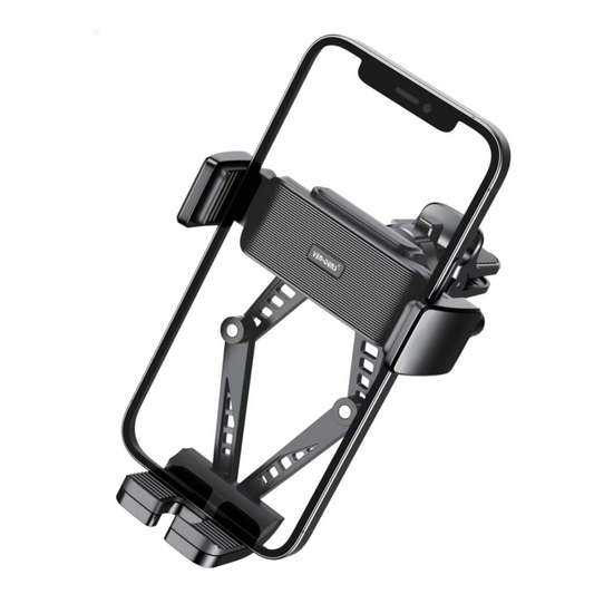 Car vent phone mount clipped into air vent holding a smartphone in portrait mode