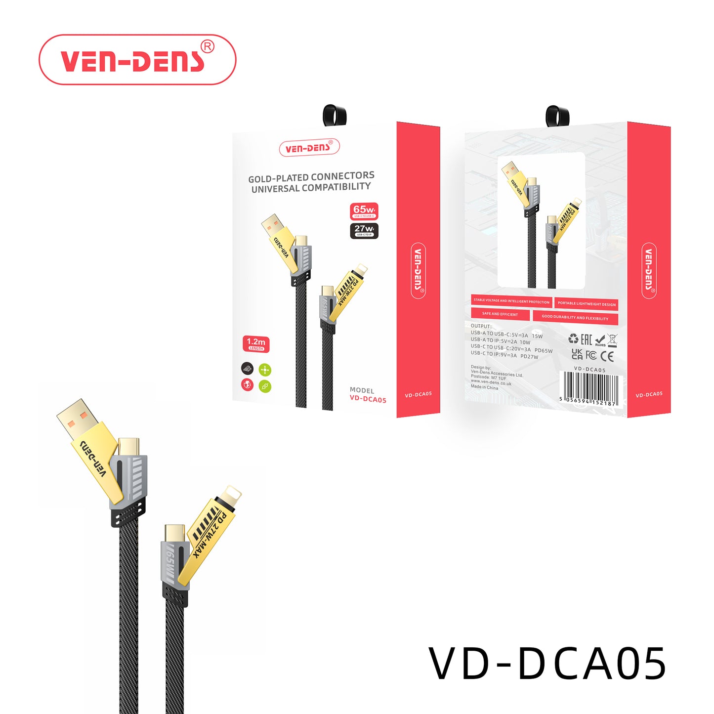 4 in 1 Multi Fast Charging Cable 65w - USB A/C to Lightning & USB C - 1.2m VD-DCA05