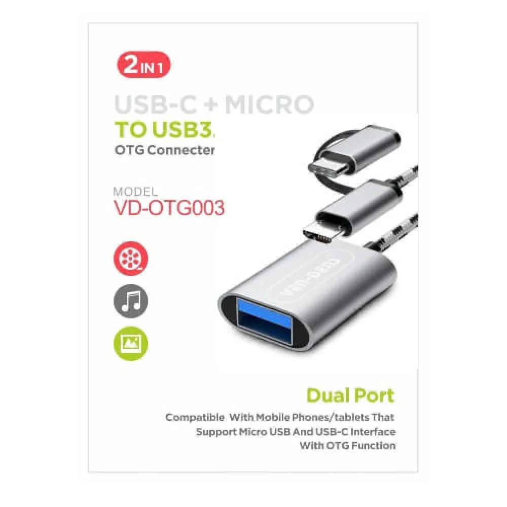 VD-OTG003 USB-C Micro OTG adapter plugged into smartphone
