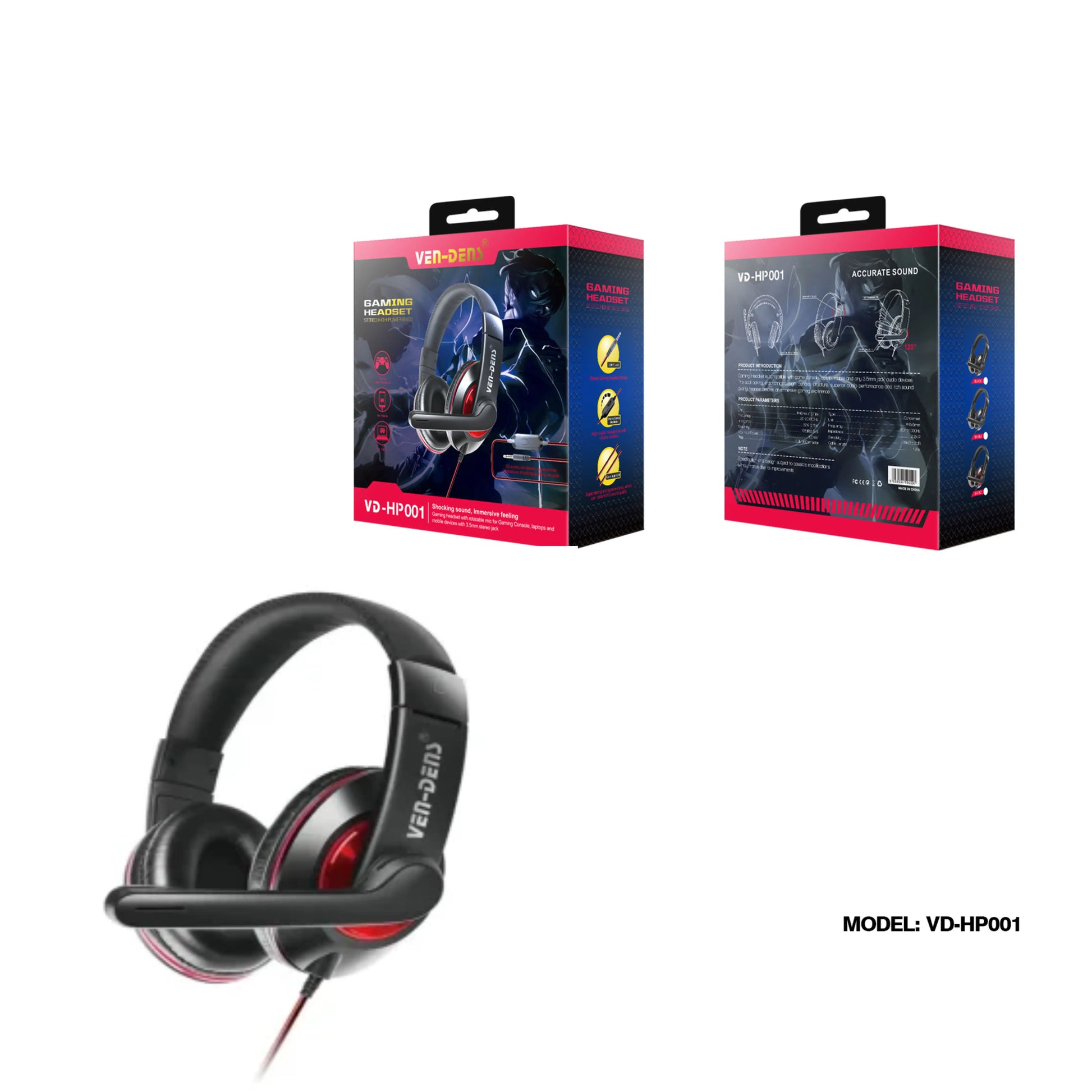 Gaming headset with red accents and its packaging on a white background