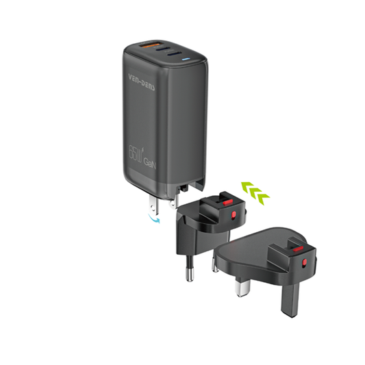 65W GaN Charger USB & Type-C 3 in 1 Multi Port Charger Folding Plug Detachable Charger SP-TC92UG