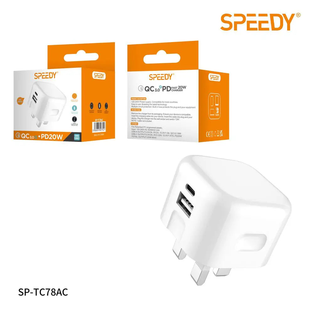 SP-TC78AC compact fast charger plugged into wall outlet