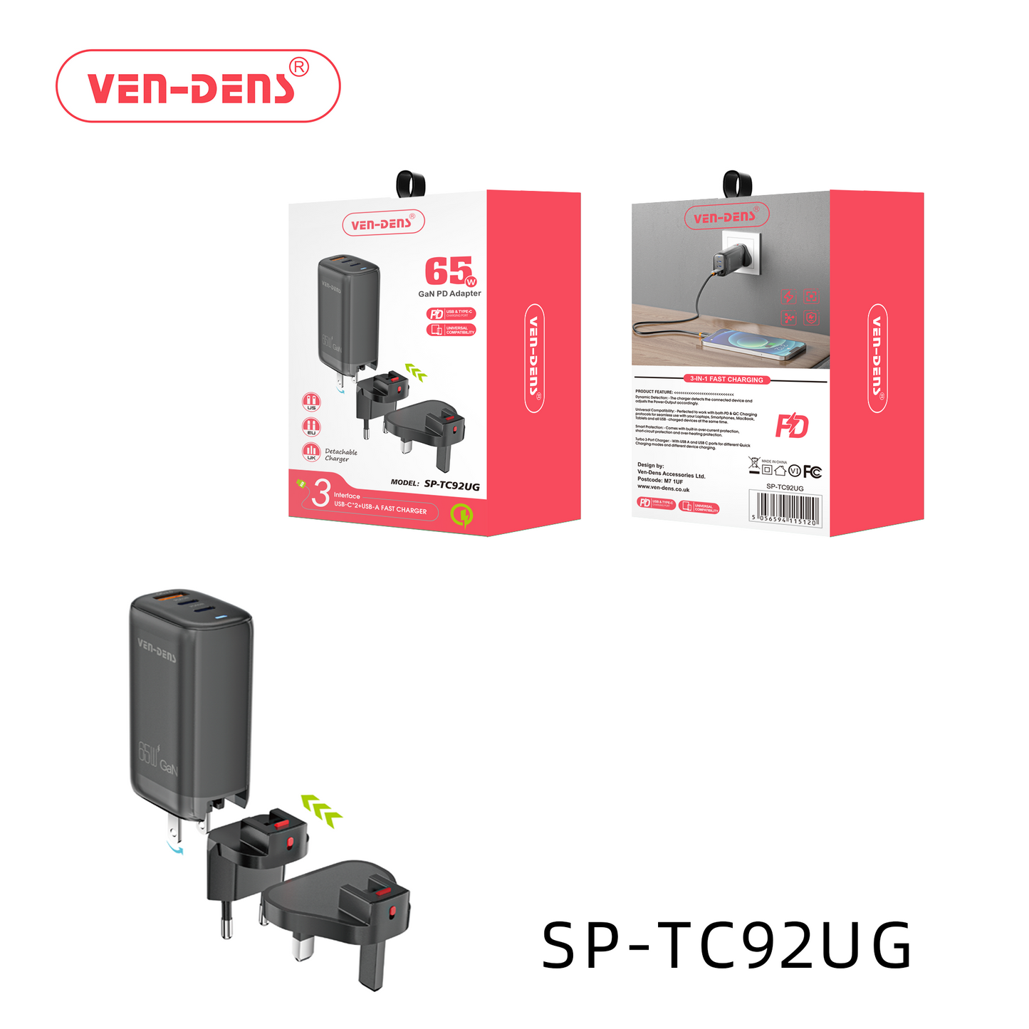 65W GaN Charger USB & Type-C 3 in 1 Multi Port Charger Folding Plug Detachable Charger SP-TC92UG