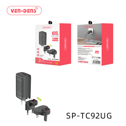 65W GaN Charger USB & Type-C 3 in 1 Multi Port Charger Folding Plug Detachable Charger SP-TC92UG