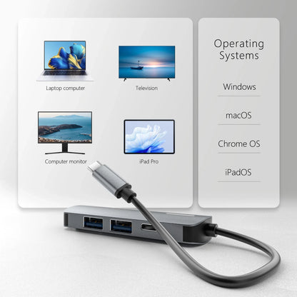 USB C 4 in 1 Hub Multifunction Adaptor with USB 2.0 Port, USB 3.0 Port, 100W PD USB C, HDMI Port