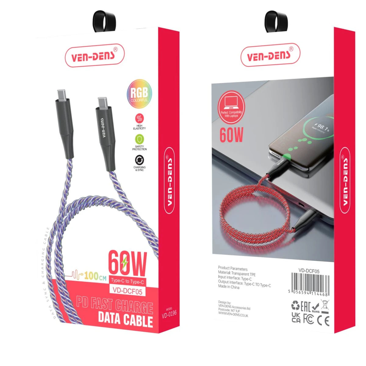 USB C to USB C 60W RGB Luminous Fast Data Charging Cable VD-DCF05