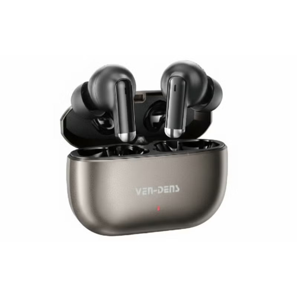 Black Ven-Dens true wireless earbuds with an open charging case, shown on a solid white background.