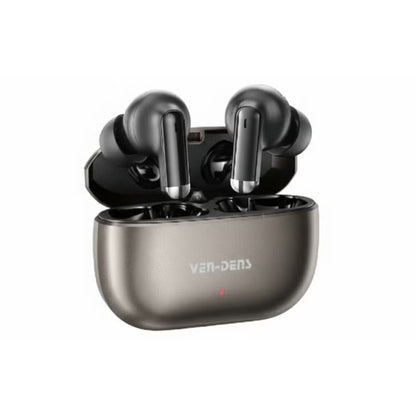 Black Ven-Dens true wireless earbuds with an open charging case, shown on a solid white background.