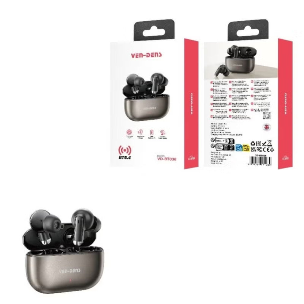 Venus-Duo BT7.4 true wireless earbuds in a dark metallic gray charging case, shown alongside their retail packaging on a plain white background.