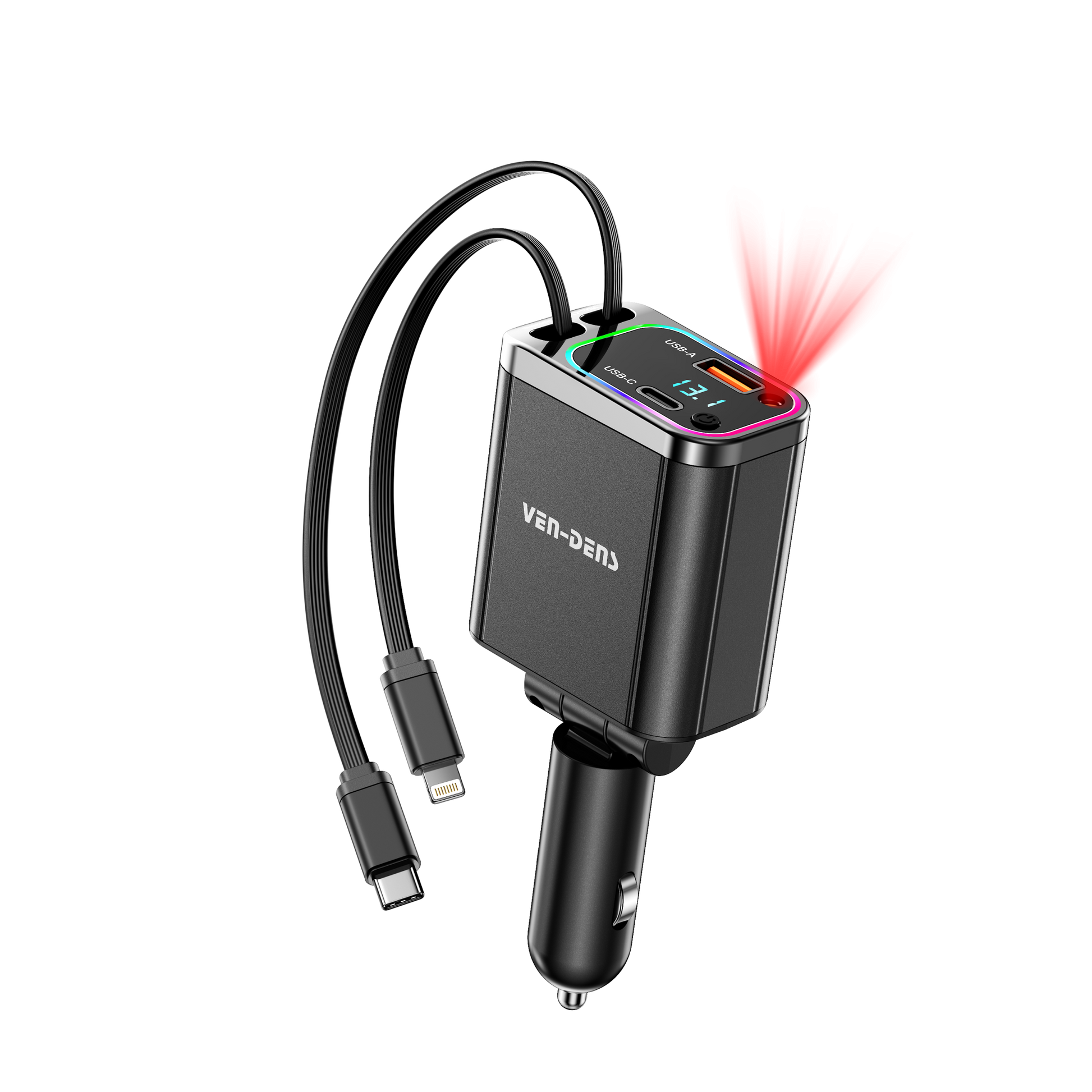 Car charger with multiple ports and a laser pointer on a white background