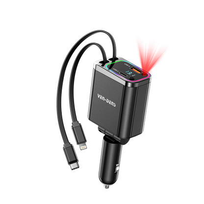 Car charger with multiple ports and a laser pointer on a white background