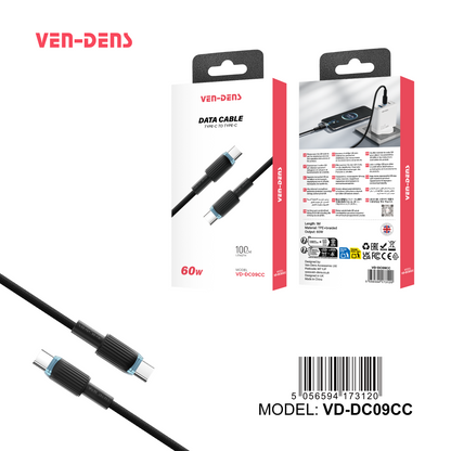 USB C to USB C 60W TPE Braided Black Fast Data Charging Cable VD-DC09CC