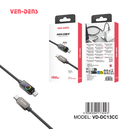 USB C to USB C 100W Zinc Alloy Braided Black RGB Fast Data Charging Cable VD-DC13CC