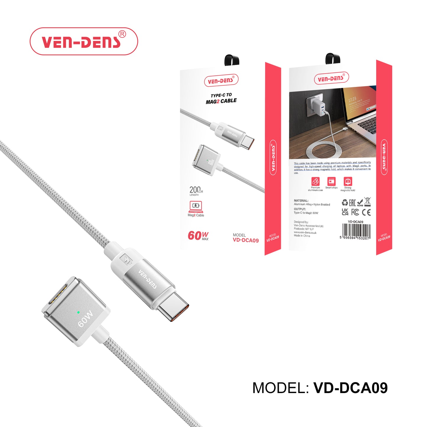 USB C to Mag2 Braided 60W 2M Fast Data Charging Cable VD-DCA09