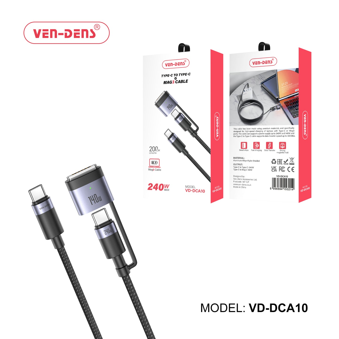 USB C to USB C + Mag3 Braided 240W 2M Fast Data Charging Cable VD-DCA10
