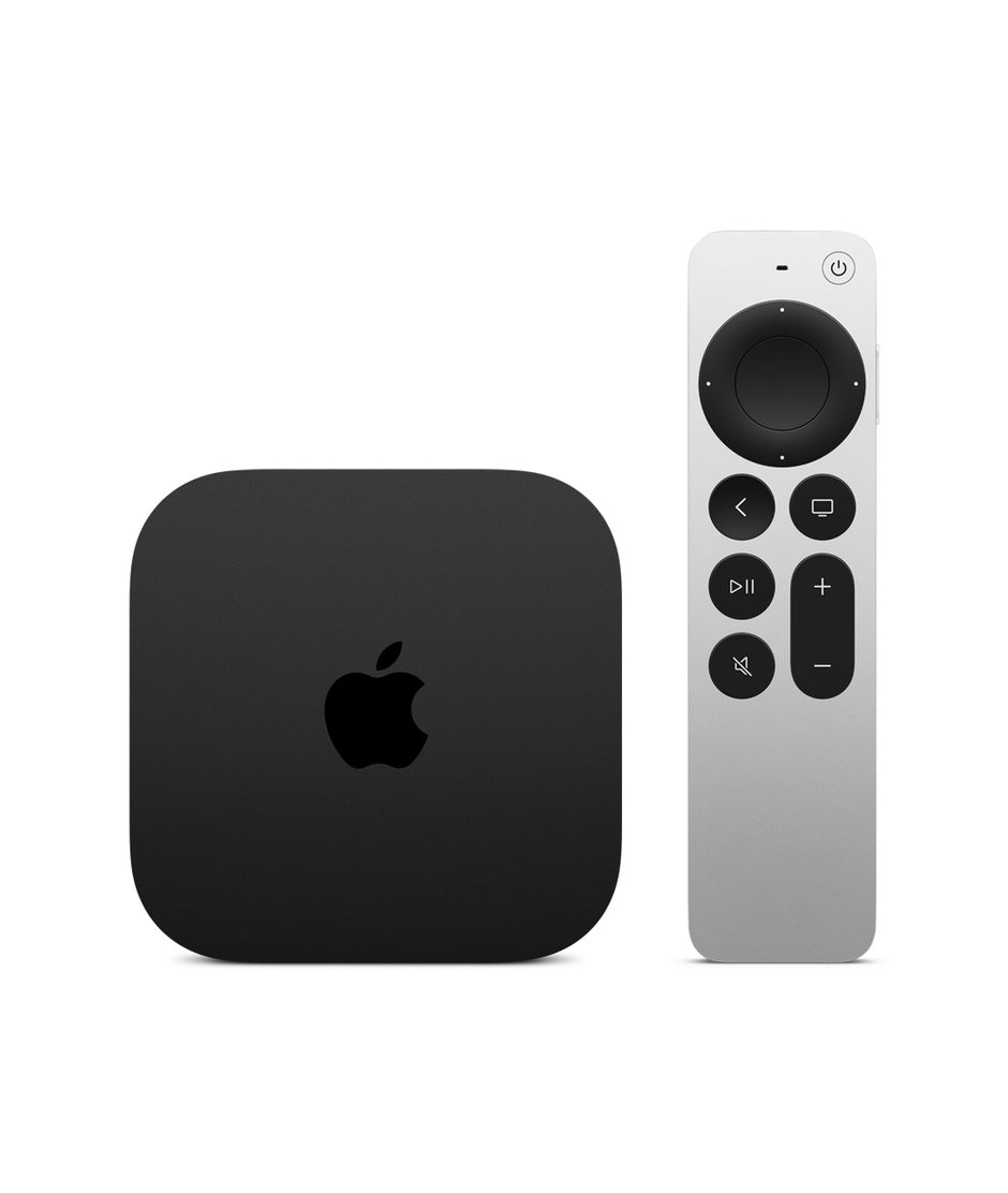Apple TV 4K 3rd Gen front view with Siri Remote