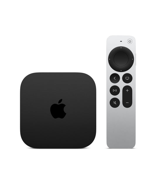 Apple TV 4K 3rd Gen front view with Siri Remote