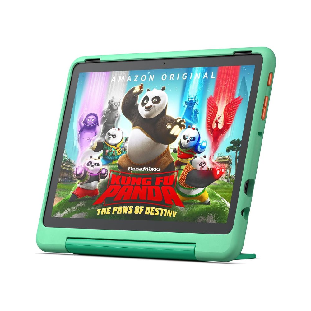 Fire HD 10 Kids Pro tablet in green with protective case