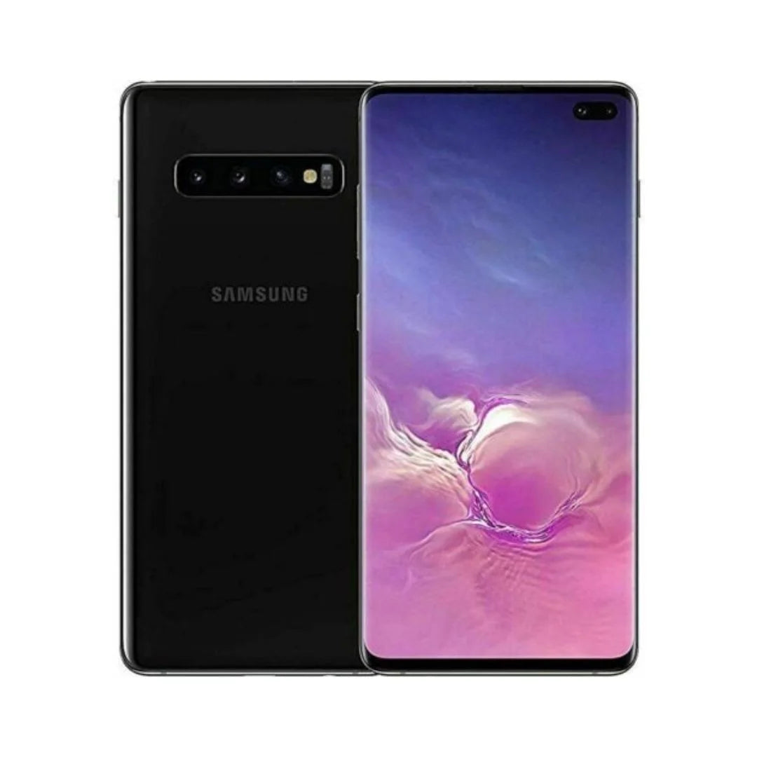 Samsung galaxy s10 smartphone showing front and back on a white background