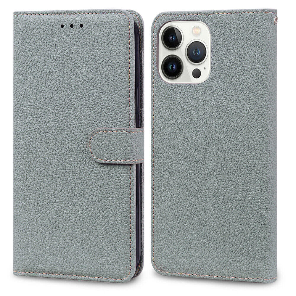 iphone 15 plus pro max leather wallet case grey
