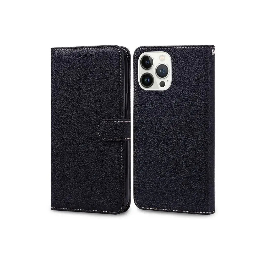 iphone 15 plus pro max leather wallet case black