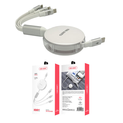 USB C 3 in 1 100W 1.2M Retractable Fast Data Charging Cable VD-DCA08