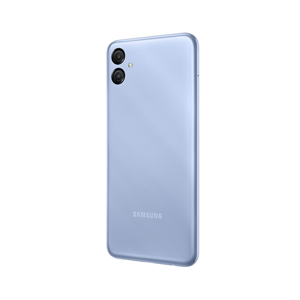 Samsung Galaxy A04e Light Blue front view showing display and dual rear cameras