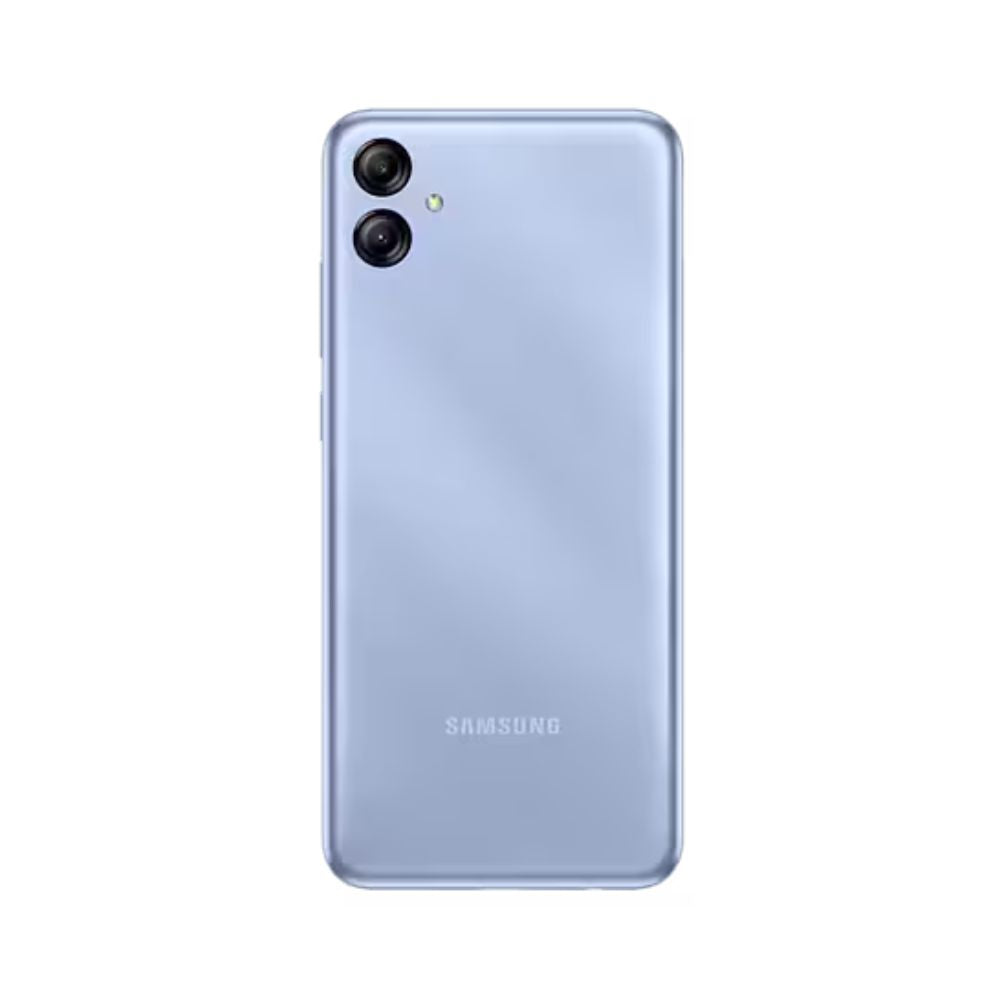 Samsung Galaxy A04e Light Blue front view showing display and dual rear cameras