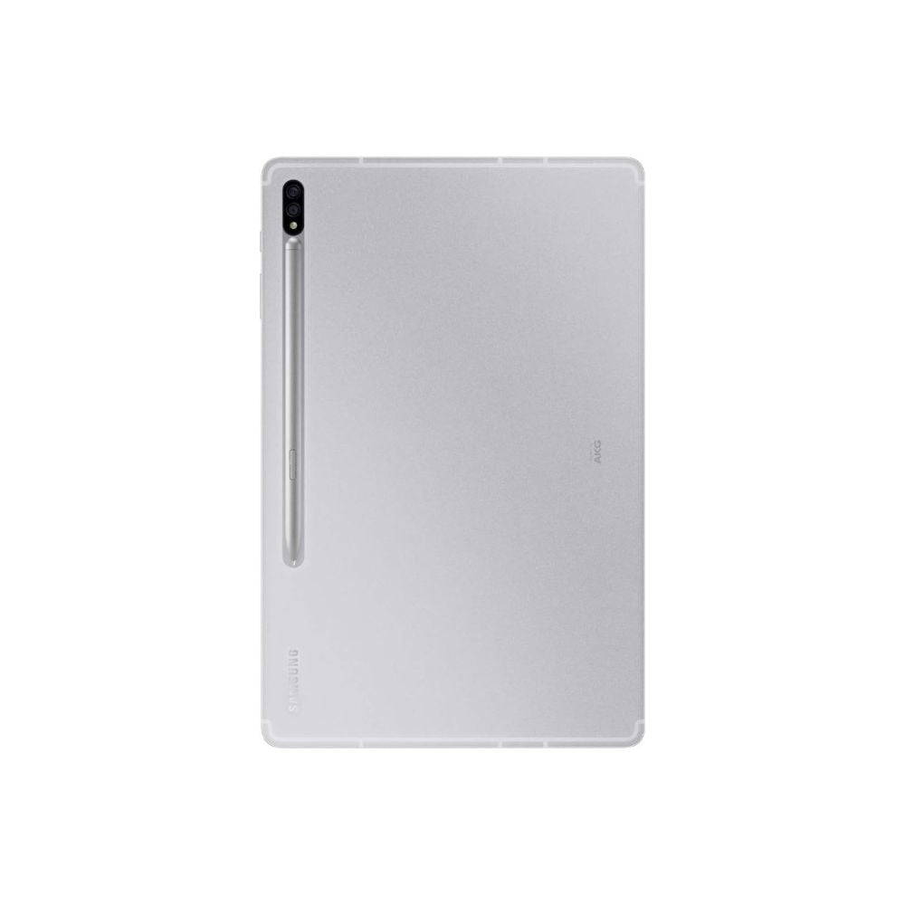 White tablet with a stylus on a white background