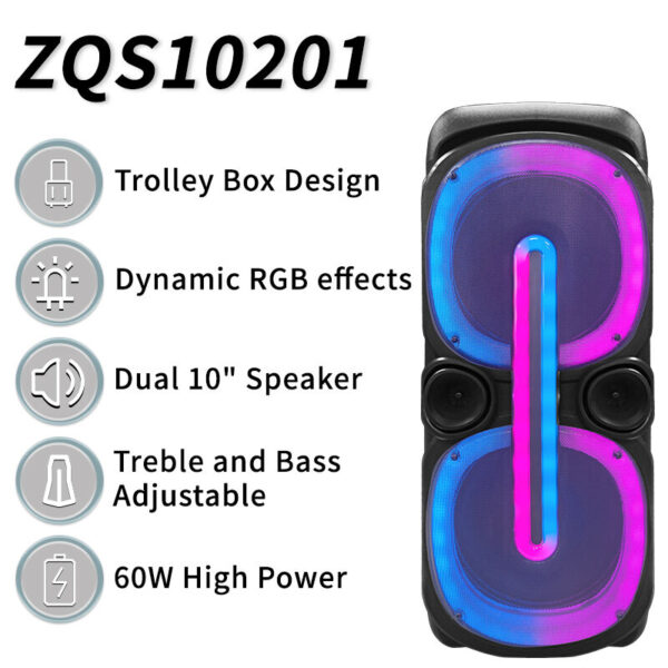 High Power 60W Trolley Speaker 10 inch Big Size RGB Light Bass AUX USB Microphone for Party Karaoke Outdoor ZQS-10201 (8)